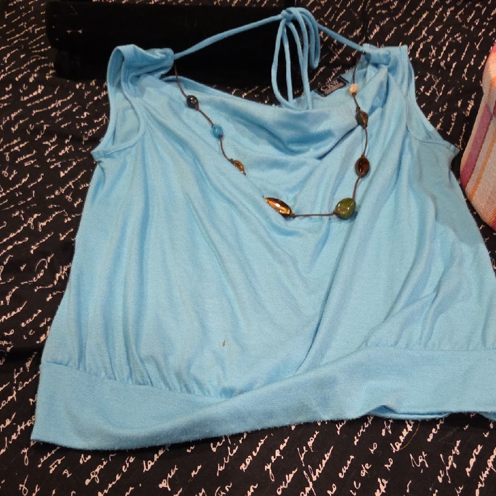 Blue Sleeveless Wrap Tank Top with Tie Front